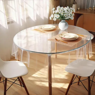 Productafbeelding van Transparante tafelkleed, 140 cm, rond, PVC, afwasbaar, geschikt voor buiten
