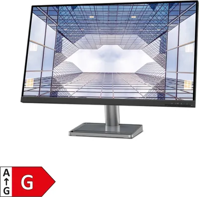 A computer monitor on a stand, displaying a reflection of modern architecture.