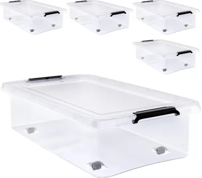 Image de DEUBA® 4x Boîte de rangement 30L en plastique transparent empilable sans BPA gain de place caisse de rangement roulettes