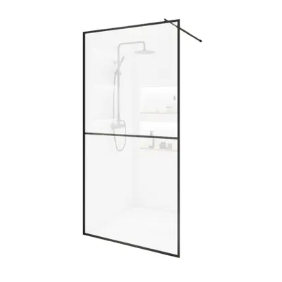 A shower enclosure with a black frame and clear glass, showing a shower head and shelves inside.