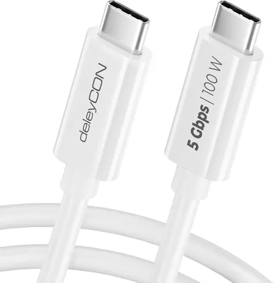 Produktbild von deleyCON 1m USB C Kabel (100W Schnellladekabel + Datenkabel 5 Gbit/s) USB-C Ladekabel für iPhone 16 15 Pro Max Samsung Galaxy S24 S23 Pixel iPad Pro MacBook Air Tablets Switch PS5 - Weiß
