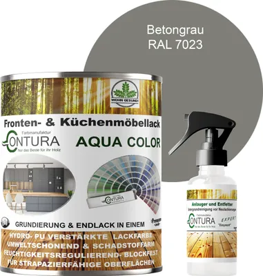 Produktbild von 750ml. + Anlauger - Contura Küchenmöbellack RAL Möbellack SEIDENMATT SET Möbelfarbe Holzlack Buntlack Küchenlack - RAL 7023 Beton Grau