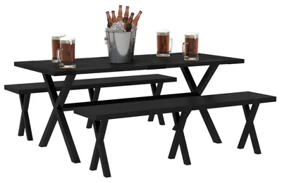 Image de Table de pique-nique - Banc de jardin - Ensemble de table et chaises - Table avec bancs - Plateau de table en aluminium - Bancs en acier - Abri de parasol