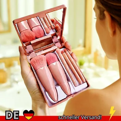 Produktbild von 5-teiliges Tragbares Make-up-Pinsel-Set mit Spiegel – Faltbares Reise-Set