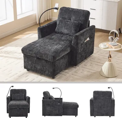 Produktbild von Multifunktionales Faulenzersofa verstaubare Rückenlehne mit Handyhalterung Chenille Einzelner Freizeitstuhl für Wohnzimmer Schlafzimmer kleiner Haushalt