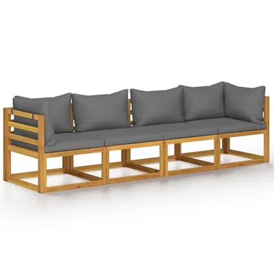 A long, modular outdoor sofa with gray cushions and a wooden frame, shown against a white background.