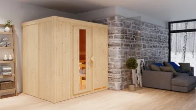 Produktbild von Karibu Sauna Innensauna Bodin Fronteinstieg Ofen 9 kW integr. Strg 196x151x198 cm ohne Dachkranz mit Energiespartür