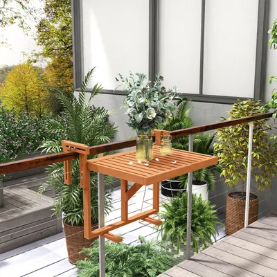 Produktbild von Balkontisch klappbar, Gartentisch höhenverstellbar, Klapptisch Outdoor wetterfest, Teak-Optik | 68 x 65 x 55 cm | 5,5 kg | Kiefernholz