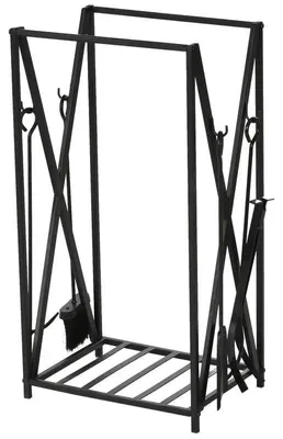 Image de Support pour bûches - Ensemble d'accessoires pour cheminée en acier - Adapté pour intérieur et extérieur - Avec étagère pour le bois - Ensemble de 4 outils pour cheminée : pelle, balai, pince, crochon