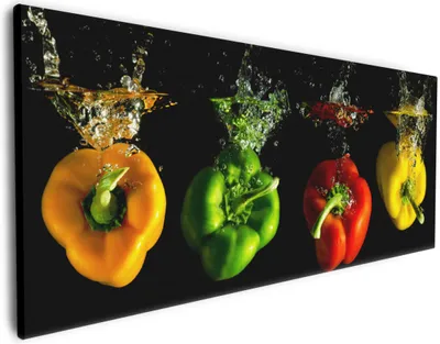 Produktbild von Wallario Premium Leinwandbild Bunte Küche  Paprika in rot  gelb  orange und grün im Wasser in Größe 80 x 200 cm