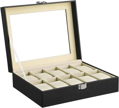 Produktbild von SONGMICS Uhrenbox mit 10 Fächern, Uhrenkasten mit Glasdeckel, Uhrenkoffer mit herausnehmbaren Uhrenkissen, Metallverschluss, 25,5 x 20,2 x 7,8 cm, PolyurethanBezug in Schwarz, Samtfutter in Beige JWB010