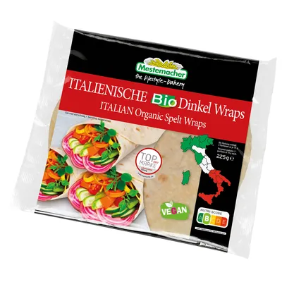 Product packaging for Italian Organic Spelt Wraps.