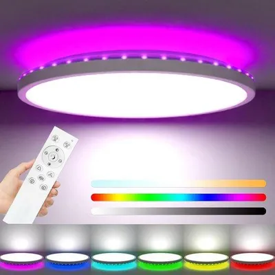 Image de Lampe LED RGB à intensité variable pour salle de bains, 24 W, 3200 lumens, étanche IP54 - Ronde et plate - Chambre d'enfant, chambre à coucher