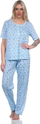 Produktbild von Damen Pyjama Hose & Shirt Schlafanzug Pyjama-Set; Blau/L