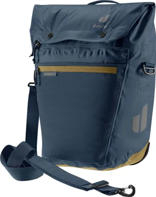 A blue Deuter bicycle bag is shown against a white background.