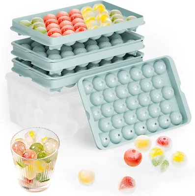 Produktbild von Runde Eiswürfelformen für den Gefrierschrank mit Deckel und Behälter – 3 stapelbare Behälter mit kleinen, runden Eiswürfelformen