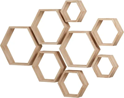 Productafbeelding van Wandplank set van 8, hexagon, houten wandopslag, voor woonkamer