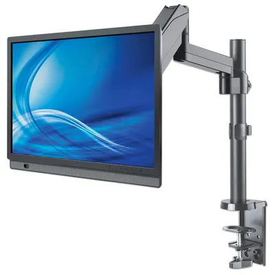 Produktbild von Manhattan Universal-Tischhalterung mit Gasdruckfeder für einen Monitor, Halterungsarm mit Gasdruckfeder, Kugelgelenk und Verlängerungsarm, geeignet für einen Monitor von 17" bis 32"* und bis zu 8 kg, 75 x 75 mm, 100 x 100 mm, -35 - 35°, -90 - 90°, 360°, Grau