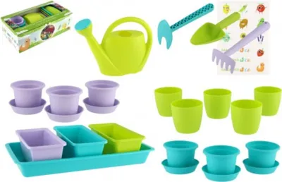 Image de Gardenico Set de jardin pour enfants 24 pièces | Avec pots de fleurs, bacs à plantes & outils de jardinage | Set de jardinage en plastique