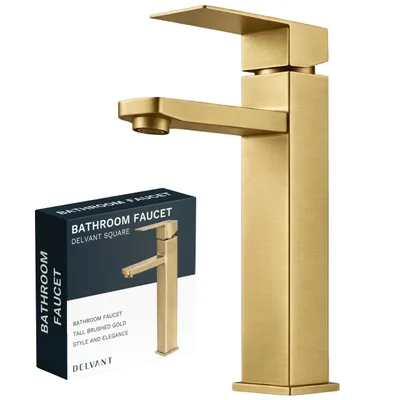 Obrázek produktu pro DELVANT SQUARE vysoká umyvadlová baterie stojánková kartáčované zlato moderní páková baterie pro umyvadlo na desku s perlátorem a snadnou montáží