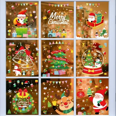 Immagine prodotto di Adesivi per finestre a tema natalizio, 389 pezzi, 10 fogli, in PVC, riutilizzabili, fronte-retro, con motivi di fiocchi di neve, renne e Babbo Natale