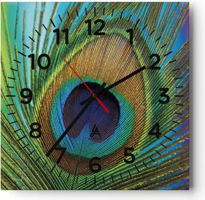 Produktbild von Wanduhr - Quadrat - Glasuhr - Pfauen Federn Regenbogen - 30x30cm - Schleichendes Uhrwerk - Lautlos - zum Aufhängen bereit - Dekoration Modern - Wanddekoration aus Glas - C4AC30x30-4385
