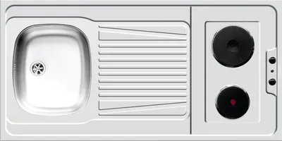 A top-down view of a sink and stovetop combination unit.