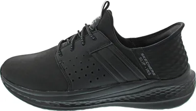 A side view of a black Skechers slip-on sneaker.
