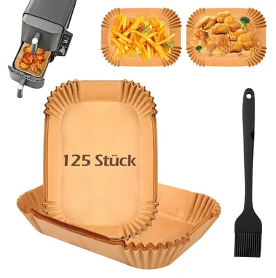 Produktbild von Airfryer Backpapier 125 Stück mit Silikonbürste für Ninja Double Stack XL / Foodi MAX Dual Zone