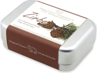 Produktbild von Schafmilchseife Zirbe, 100 g, in einer Aluminium Seifendose, von Florex