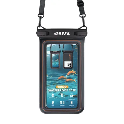 A black waterproof phone case with an orange trim, shown with a strap, displaying a scene of fish underwater on its screen.