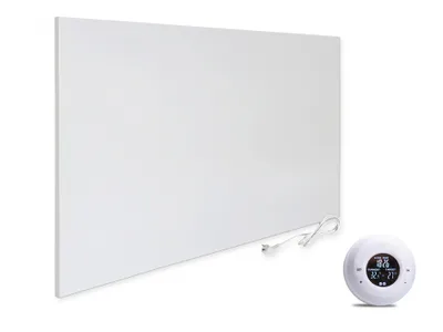 A white infrared heating panel with a white thermostat shown next to it, on a white background.