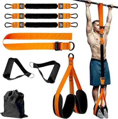 Produktbild von Fitness-Set aus Wechselgewicht-Elastikbändern - 8-teilig - 225 lb - mit Stofffuß- und Kniestützen - für Heimtraining - Krafttraining-Set