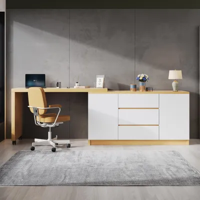 A modern home office setup with a desk, chair, and storage unit against a concrete wall.