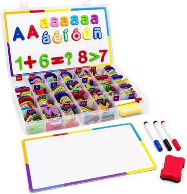 Produktbild von 258 Magnetische Buchstaben und Zahlen für Kinder, Alphabet-Set mit doppelseitigem Whiteboard, Stiften und Radiergummi, lehrreiches Spielzeug