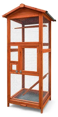 Productafbeelding van Wiltec vogelkooi van hout, 72 x 63 x 168 cm, met zitstokken en een uitneembaar rooster voor het opvangen van uitwerpselen. Papegaaienkooi met dak en 2 deuren