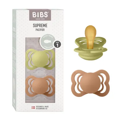 Imagen del producto de BIBS Supreme, paquete de 2 chupetes, sin BPA, tetina simétrica. Hecho de caucho natural / látex, fabricado en Dinamarca. Talla 1 (0-6 meses), color: verde/marrón