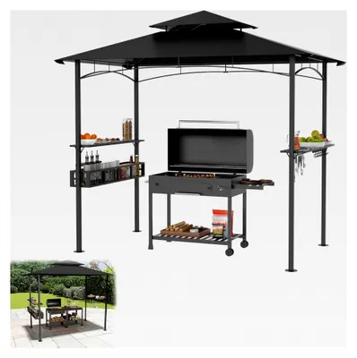 Produktbild von 2,4 x 1,5 m Grillpavillon Schwarz BBQ Grillüberdachung mit Doppeldach, 2 Seitenregalen, Metallkorb & Haken, wetterfeste Gartenlaube für Außengrill und Grillpartys