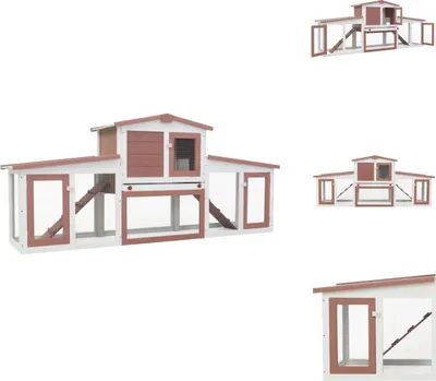 A multi-compartment wooden rabbit hutch with a brown roof and trim, and white walls, shown from the front.