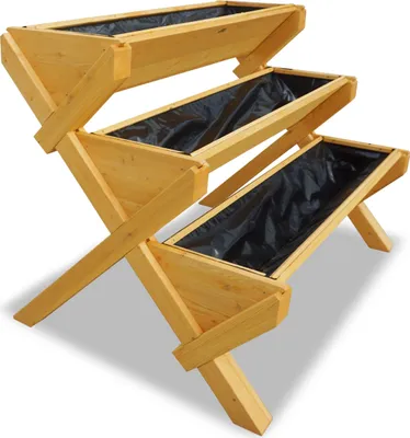 A three-tiered wooden planter box with black liners, shown against a white background.