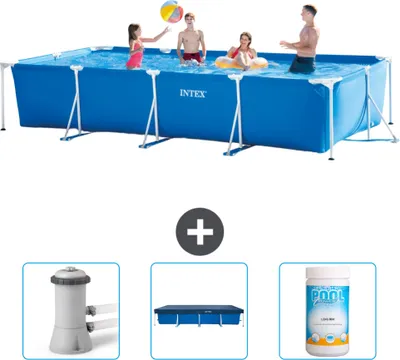 Produktbild von Intex-Schwimmbecken mit rechteckigem Rahmen – 450 x 220 x 84 cm – Blau – im Lieferumfang enthalten Filterpumpe für Schwimmbad - Abdeckung - Chlor