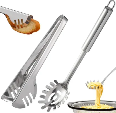 Produktbild von Set aus 2 Spaghetti-Löffeln und Servierzangen, Edelstahl, spülmaschinengeeignet, für die Küche
