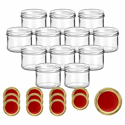 Produktbild von gouveo 12er Set Einmachgläser 230 ml rund mit Schraub-Deckel rot-gold - Vorratsgläser mit Drehverschluss TO82 - Marmeladenglas, Schraubglas