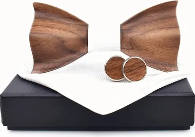 Produktbild von Elegante Luxury Holzfliege Set – Weiß mit Manschettenknöpfen und Taschentuch KP30929