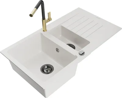 Produktbild von Mexen Matias 1,5-Becken-Granitspüle mit Abtropffläche und Mischbatterie Flora, Weiß - 6502-20-670401-57-B