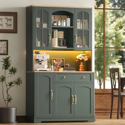 Immagine prodotto di Mobiletto da cucina STILVORA con illuminazione a LED e 2 ante in vetro temperato, mobiletto dispensa con 1 cassetto, mobile vetrina per soggiorno e sala da pranzo
