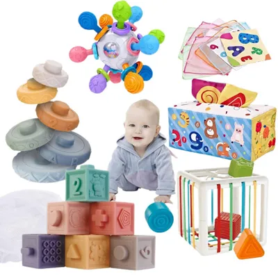 Produktbild von 6-in-1 Montessori Spielzeug Set für Babys – Sensorisches Spielzeug mit Stapelringen, Klötzen & Rassel zur Förderung von Motorik & Farben