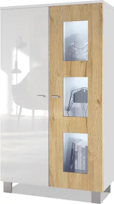 Produktbild von Vladon Vitrine Denjo,  Germany, Standvitrine mit 2 Türen und 3 Glaseinsätzen, Weiß matt/ Weiß Hochglanz/ Eiche Natur inkl. LED-Beleuchtung (71 x 129 x 35 cm)