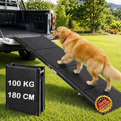 Imagen del producto de Rampa para perros profesional de 180 cm, plegable automáticamente, con superficie antideslizante y capacidad de hasta 100 kg