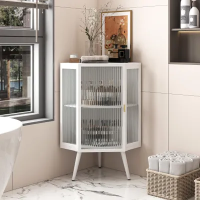 Image de OKWISH Armoire d’Angle avec Portes en Verre Trempé et Étagères Réglables, Meuble de Rangement Salle de Bain, Blanc